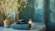 © aubriella - A serene spa retreat with hot stone massage therapy in a tranquil setting, focusing on relaxation and wellness, wide shot