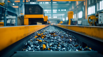Wall Mural - industrial conveyor belt in a manufacturing facility carrying metal scraps for recycling or processi