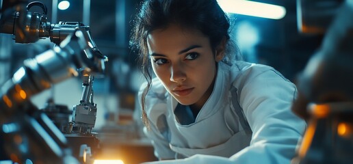 Poster - A focused woman working on machinery in a high-tech environment.