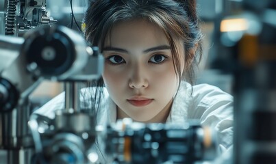 Poster - A focused young woman examining machinery in a scientific environment.
