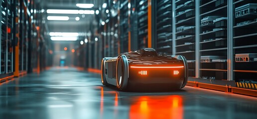 Poster - A futuristic robot navigating a high-tech storage facility.