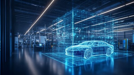 Poster - A futuristic car design visualized in a digital factory setting.