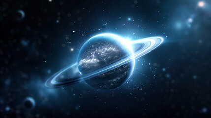 Wall Mural - shiny gas planet with rings in dark space image. spellbound celestial body in starry sky photography