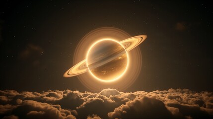 Wall Mural - glowing ring planet over clouds image. mystic celestial body in dark starry sky photography scene wa