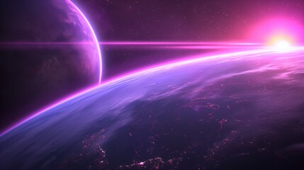 Wall Mural - mysterious cosmic bodies at pink sunrise image. planet horizon illuminated by neon light photography