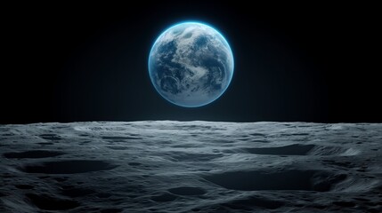 Wall Mural - desert moon surface against distant earth globe image. planet with atmosphere view from asteroid pho