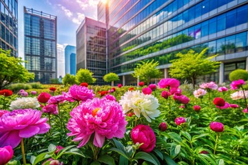 Wall Mural - Vibrant Architectural Photography of a Serene Garden Featuring Colorful Peonies, Capturing Nature's Beauty in Urban Landscapes and Harmonious Design Elements