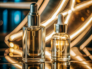 Close up of a serum bottle with a metallic label. Beauty Product Background