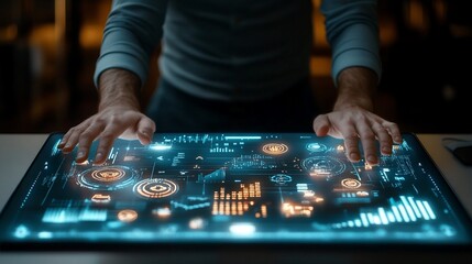 Poster - A person interacting with a futuristic touchscreen interface displaying data.