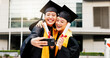 © peopleimages.com - Women, university student and happy on graduation with selfie for social media or profile picture in Japan. People, campus and smile with scroll for memories, success and achievement as friends