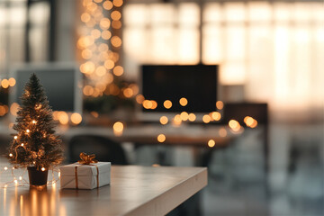 Wall Mural - Small christmas tree with lights and gift box sitting on desk in office setting, illuminated by warm bokeh from background lights, perfect for holiday season