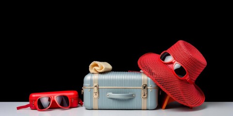 Summer travel essentials on black background including red suitcase, straw hat, goggles, and more, goggles, straw hat