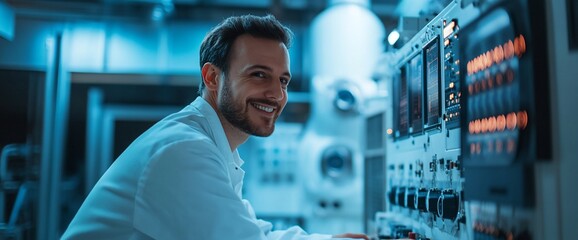 Poster - A smiling scientist working at a control panel in a laboratory.