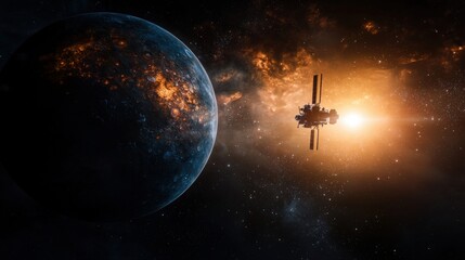 Poster - Spacecraft approaching unknown planet outer space digital art cosmic environment wide shot exploration concept