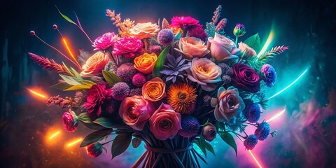 Wall Mural - Vibrant Retro Style Neon Pink Flower Bouquet Illustration with Long Exposure Effect Showcasing Beautiful Floral Nature in Vintage Aesthetic and Bold Colors