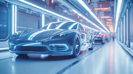 Fototapete - Futuristic electric cars in a sleek, illuminated production facility.