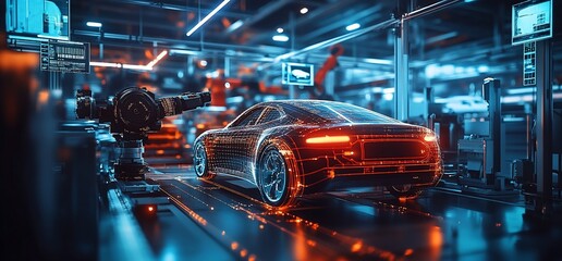 Poster - Futuristic car design in a high-tech manufacturing environment.