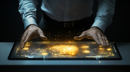 Poster - Hands interacting with a glowing digital interface, showcasing technology.