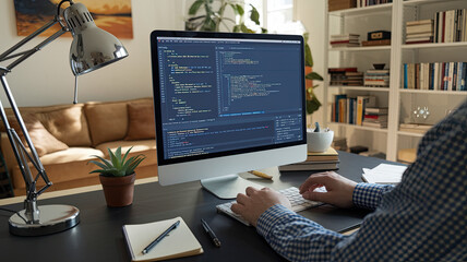 Programmer working on their professional development, typing on a laptop keyboard with coding language user interface visible on the screens, showcasing software development and coding in a focused
