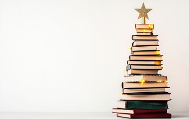 A Christmas tree made entirely of stacked books with fairy lights and a star topper, placed on a white background