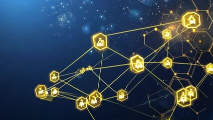 Wall Mural - abstract network of golden hexagons and glowing particles on a deep blue background