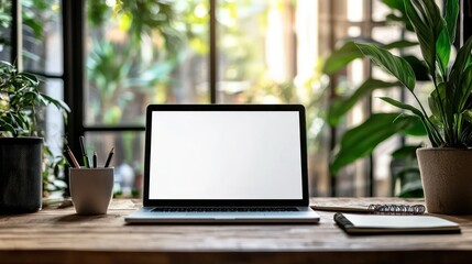 Wall Mural - laptop mockup in office: a laptop with a blank screen on a modern office desk, surrounded by a coffe