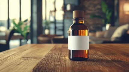 Product Bottle on Table: A customizable product bottle with a label, placed on a wooden table with soft lighting, ready for branding and logo design.