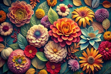 Wall Mural - Vintage Style Floral Background with Watercolor Petals and Leaves for Modern Illustration Designs in a Vibrant Abstract Style