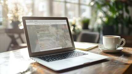 Responsive Webpage on Laptop: A modern webpage design displayed on a laptop screen, with a coffee cup and notebook in the background.