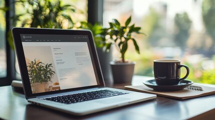 Wall Mural - responsive webpage on laptop: a modern webpage design displayed on a laptop screen, with a coffee cu