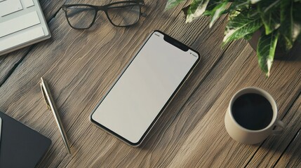 Wall Mural - Smartphone Mockup: A sleek smartphone with a blank screen ready for a customizable app or website design, placed on a wooden desk with office accessories.