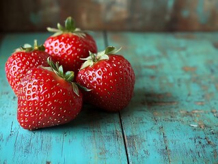 Fresh red strawberries on rustic turquoise table with vibrant natural lighting