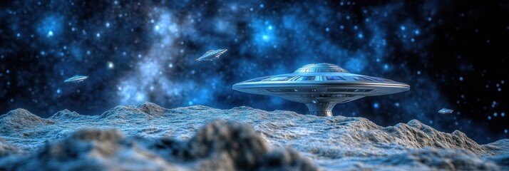 Wall Mural - a futuristic scene depicting a spaceship on a lunar landscape under a starry sky.
