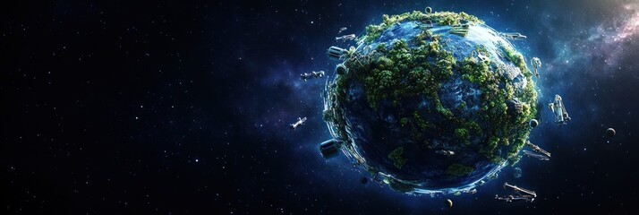 Wall Mural - a vibrant, lush planet in space, showcasing nature and futuristic elements.