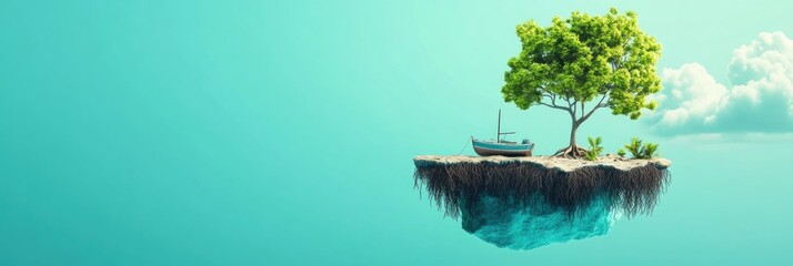 Wall Mural - a surreal floating island with a tree and a boat, evoking tranquility and imagination.