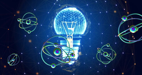Wall Mural - image of atomic structures over light bulb and networks on blue background