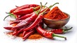 © Wanlop - Vibrant Red Chili Peppers and Rich Chili Powder Isolated on White Background for Culinary and Spice-Related Stock Photography