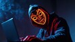 © BigHeartHouston - Hacker in a neon mask. Cyber criminal with laptop. Cyber crime, hacker activity, digital system security, cyber attack threat, malware virus alert concept, fraud money, ddos attack.