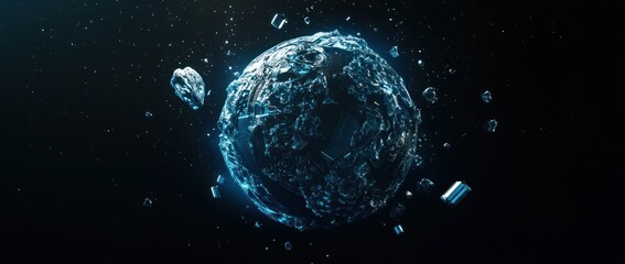 Wall Mural - a futuristic, stylized planet surrounded by debris in a cosmic environment.