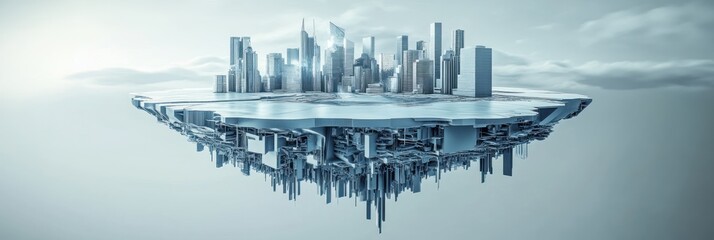 Wall Mural - a futuristic floating cityscape with sleek buildings and water beneath.