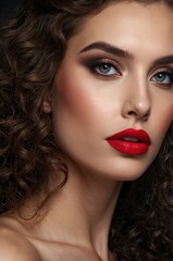 Closeup Face of a beautiful woman with a smoky eye makeup and red lipstick. gorgeous brunette girl with long curly hair. Portrai