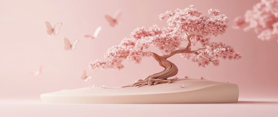 Wall Mural - a serene pink landscape featuring a stylized cherry blossom tree and butterflies.