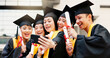 © peopleimages.com - Friends, university student and smile on graduation with selfie for social media or profile picture in Japan. People, campus and happy with scroll for memories, success and achievement as classmates