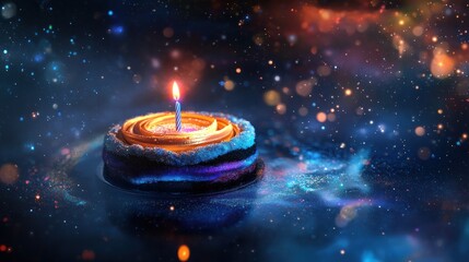 Wall Mural - a glowing birthday candle on a colorful cosmic-themed cake, set against a starry background.