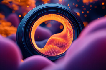 Poster - a camera lens with a bright orange light