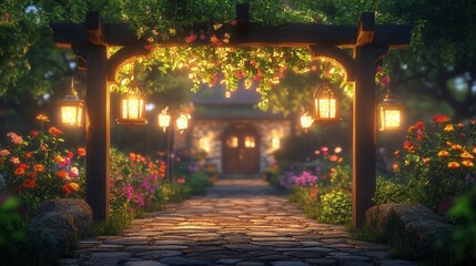 Wall Mural - country house entrance framed by a wooden arbor, decorated with lanterns and vibrant floral arrangements