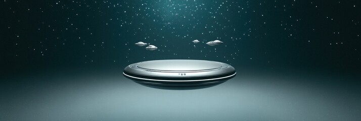 Wall Mural - a futuristic, hovering disc-shaped object in a dark, starry environment.