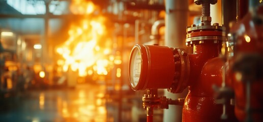Poster - Industrial scene with fire and safety equipment in a factory setting.