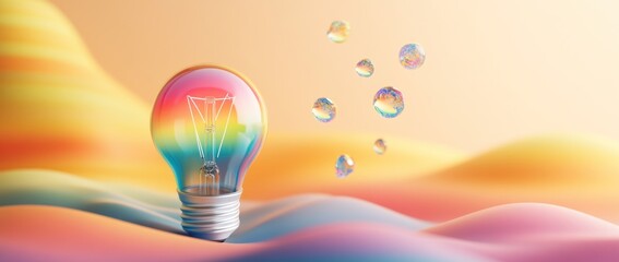 Wall Mural - a colorful light bulb amidst soft, wavy pastel backgrounds and floating bubbles.