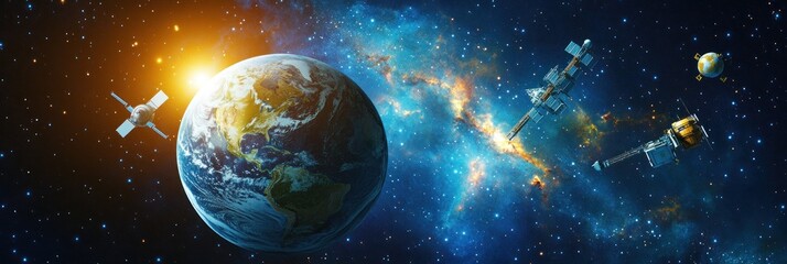Wall Mural - a vibrant space scene featuring earth, satellites, and a colorful galaxy backdrop.